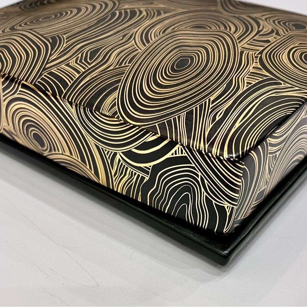 Jonathan Adler Playing Card Set W/ Black Gold Swirl Porcelain Container Holder